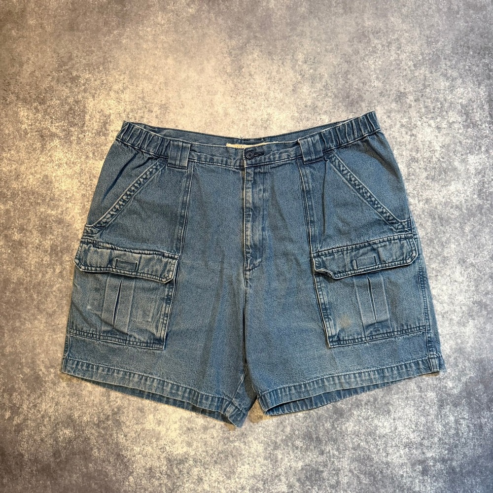 Vintage Savane Mens‎ Blue Denim Front Cargo Shorts Elastic Waist 38 Utility